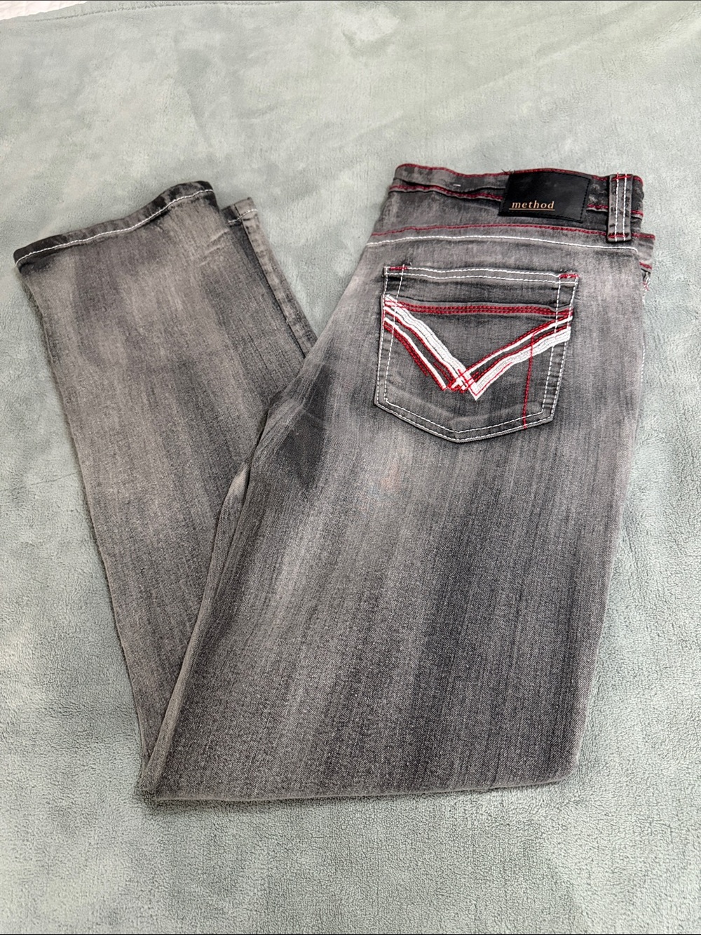 Method Men's Gray Straight Jeans with Red Accent Stitching